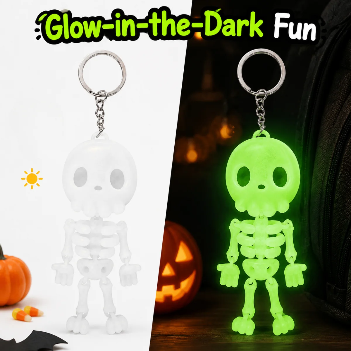 1Pc 11.5cm, Eco Friendly PLA Cute Skeleton Key Ring, 3D Printed Articulated Movable Joints,Halloween Bag Hanging Decor Gift