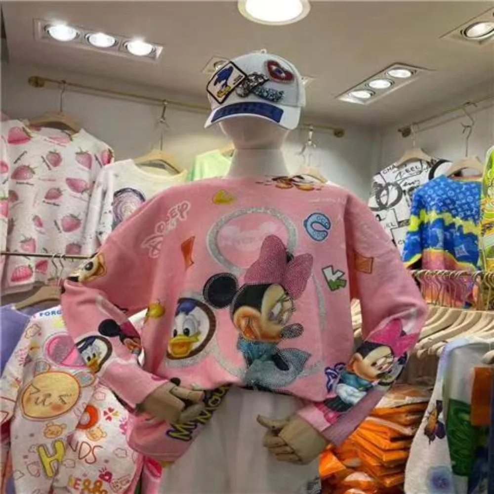 سترة نسائية كبيرة الحجم بطباعة كارتون ديزني، بلوفر ميني آند دونالد داك مطرز بالترتر، بلوزة كاجوال فضفاضة بأكمام طويلة متماسكة