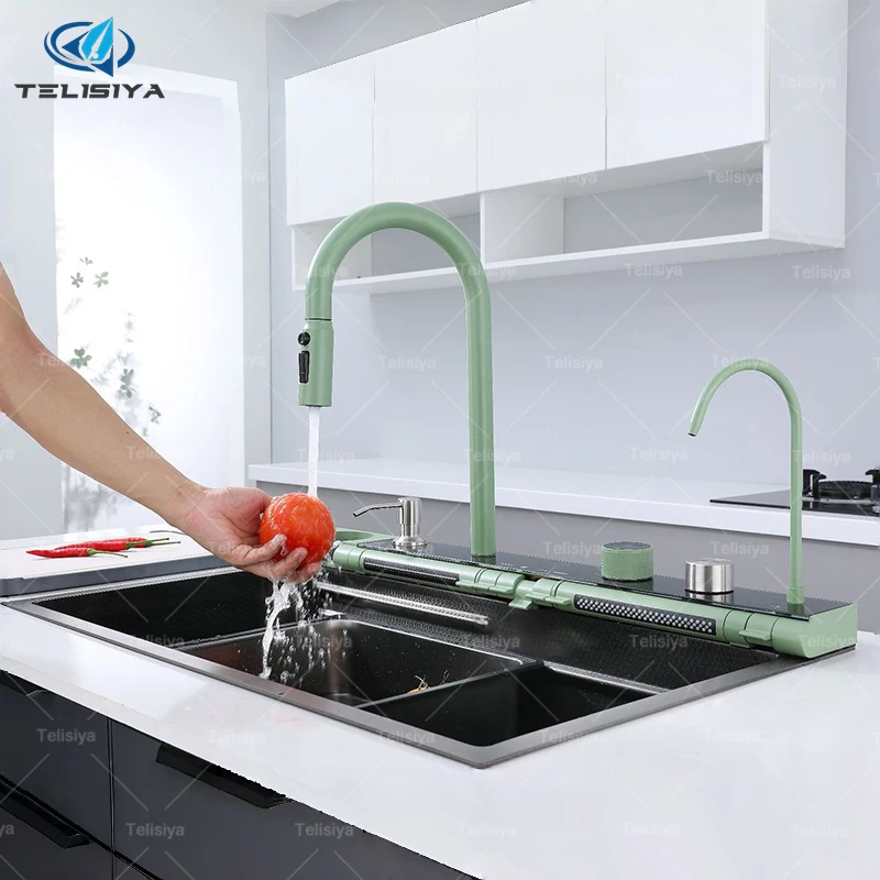 

Stainless Steel Kitchen Sink Household Waterfall Large Single Slot Piano Keys Digital Display Faucet Green Wash Dish Basin