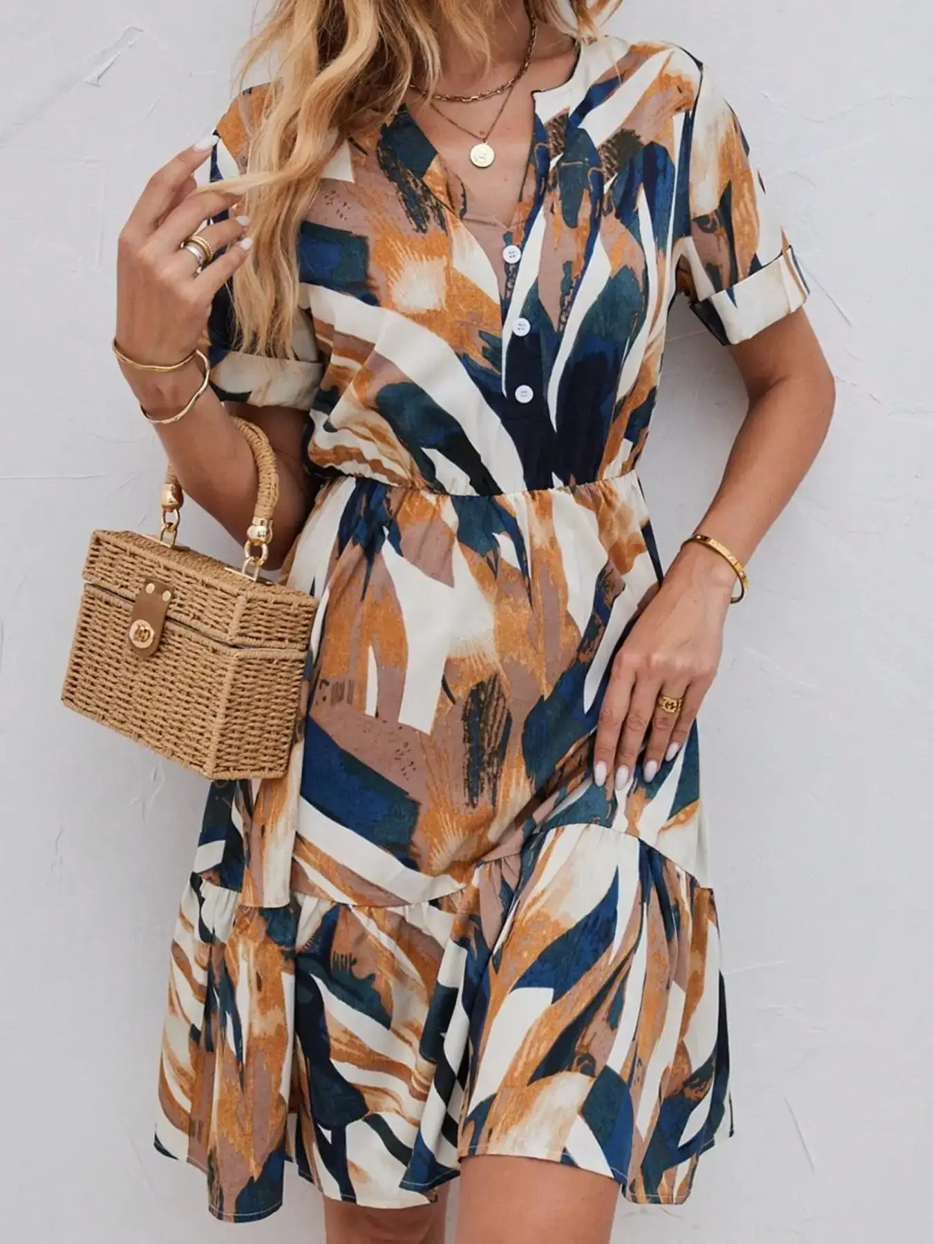 فستان نسائي برقبة على شكل V مطبوع بالكامل، فستان كاجوال على الموضة بوهو لملابس العطلات اليومية والعطلات، فستان للسيدات للصيف