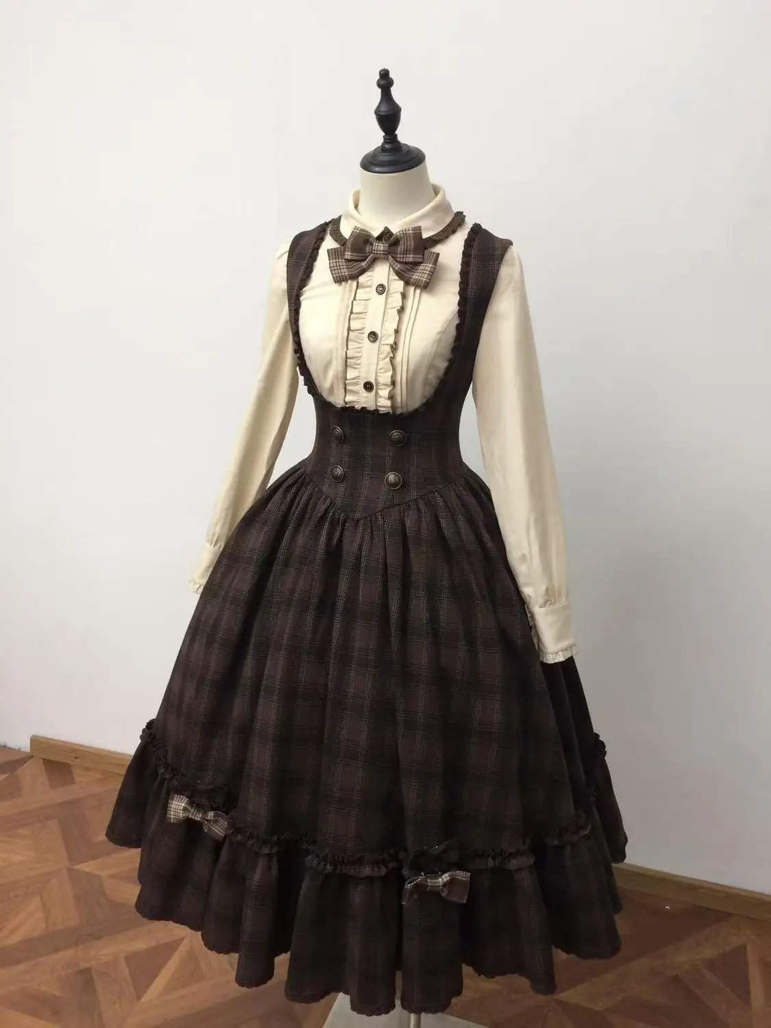 Japanese Retro Lolita 2-Piece Set Women Slim Fit Bow Shirt + Plaid High Waist Dress Fashion Kawaii Elegant Party Chic Outfits image 2