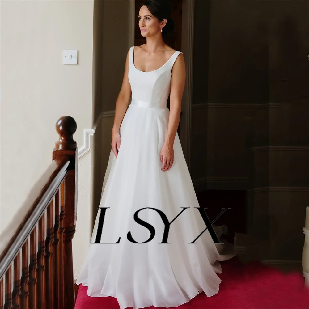 LSYX-Robe de mariée en fibre d'organza pour femme, col rond, nœud en pansement, fermeture éclair au dos, ligne A, longueur au sol, robe de patient, sur mesure