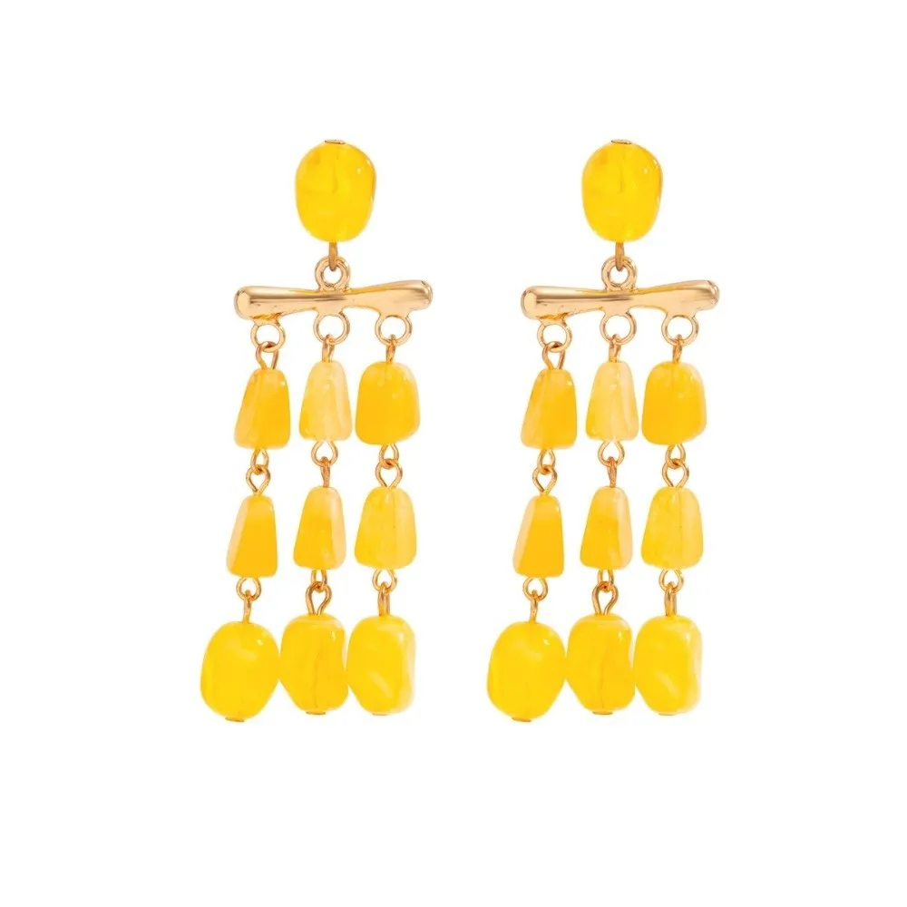 Retro Resin Bead Dangle Earrings Multi-Layer Bead Layered Statement Earrings Ornate Yellow Tassel Earrings Banquet