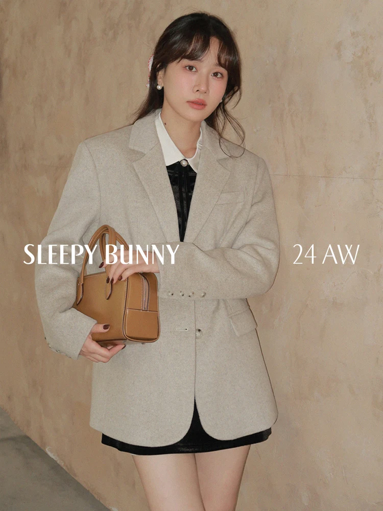 Elegant Wool Blend Blazer Coat for Women Autumn Winter Lapel Long Sleeve Jacket Loose Casual Office Wear Warm Vintage Outerwear