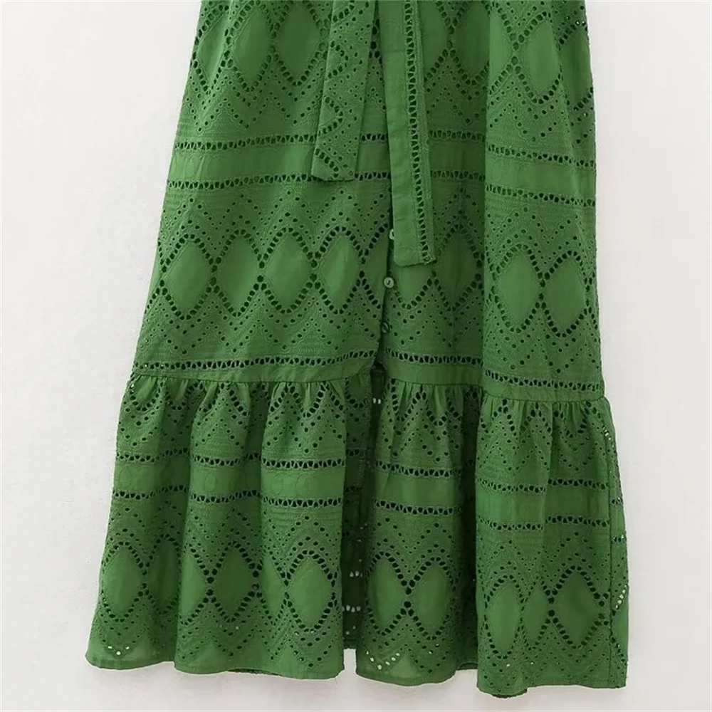 UNIZERA2024 Spring New Product Women's Belt with Lap Collar Short Sleeve Hollow out Embroidered Shirt Midi Dress