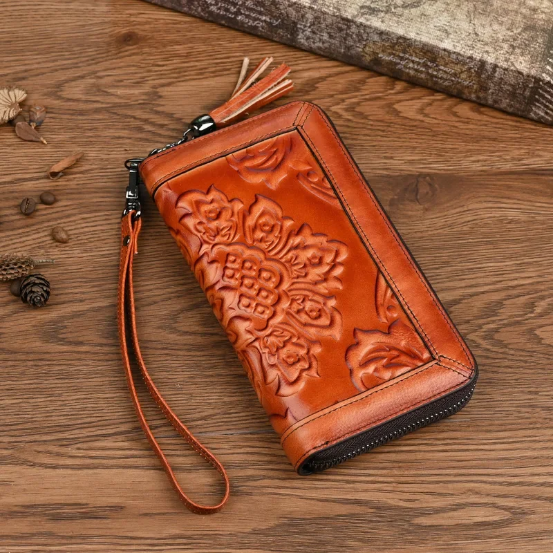 Vintage Floral Carved Long Wallet, Head Layer Cowhide Purse with Zipper for Phone