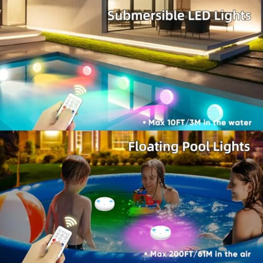 Pool Lights, Submersible LED Lights with Remote, IP68 Waterproof 16 Color Rechargeable Floating Lights, Built-in Magnet Underwa