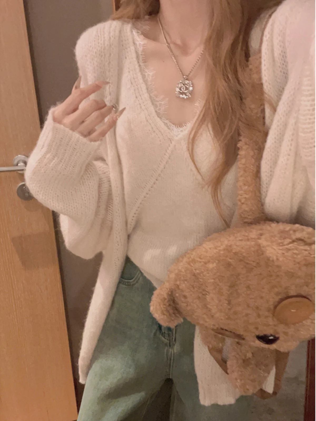 

Yukiss Soft Knitted Mohair Open Cardigan Strap Vest Two-Piece Set Women Loose Cozy Autumn Wear Korean Sle Long Sve Regul...