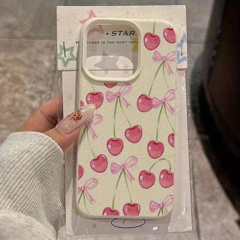 Picture 5: Full Screen Wine Red Cherry Pattern Lychee Texture Phone Case For iPhone 17 AIR 16 15 14 13 12 11 Pro MAX Plus Y2K Matte Cover