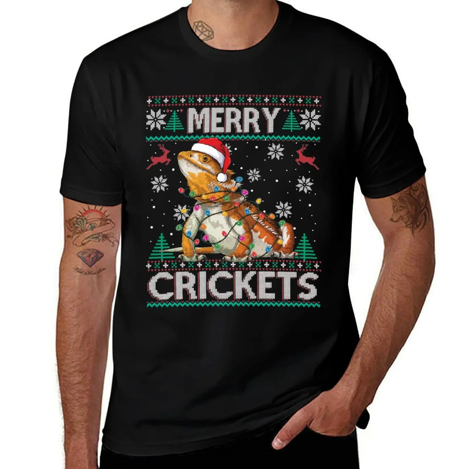 

Merry Crickets Bearded Dragon Christmas Pajama Ugly Sweater Sweatshirt T-Shirt Modern Style Print T-Shirt