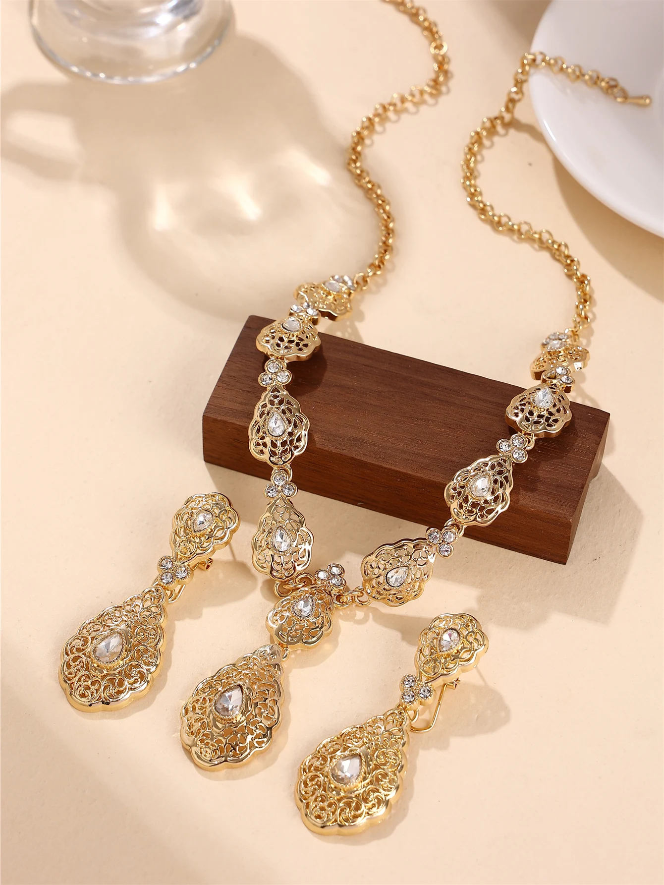 1 Set Vintage Palast-Stil Damen Halskette und Ohrringe Schmuckset, Tropfenförmig mit Strass-Einlagen, Schmuckset für Arabische Frauen für Hochzeiten, Bankette und Feste – Detail 5