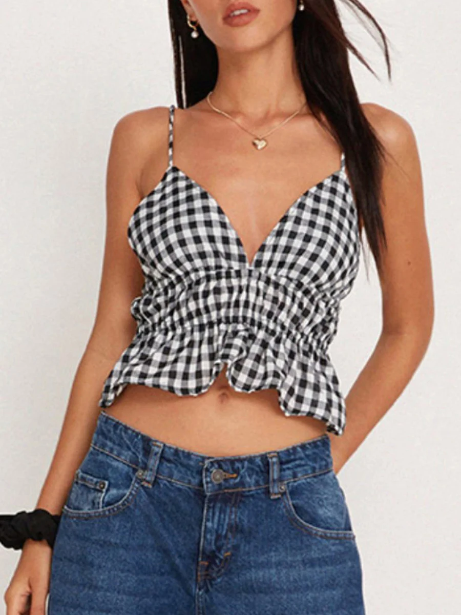 Женские топы на бретельках в клетку с принтом без рукавов и открытой спиной с V-образным вырезом, модные топы на бретелях с завязками