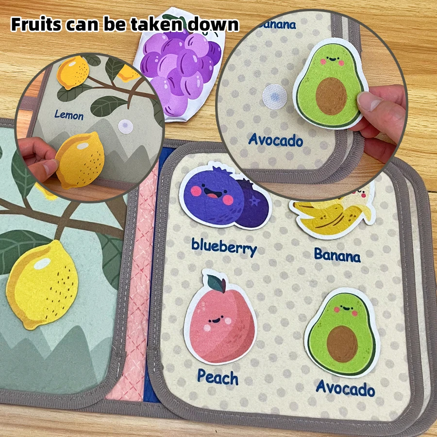 Libro di stoffa per frutta e verdura, forme didattiche, numeri, colori, libro cognitivo, giocattoli per bambini, libro per l'educazione precoce