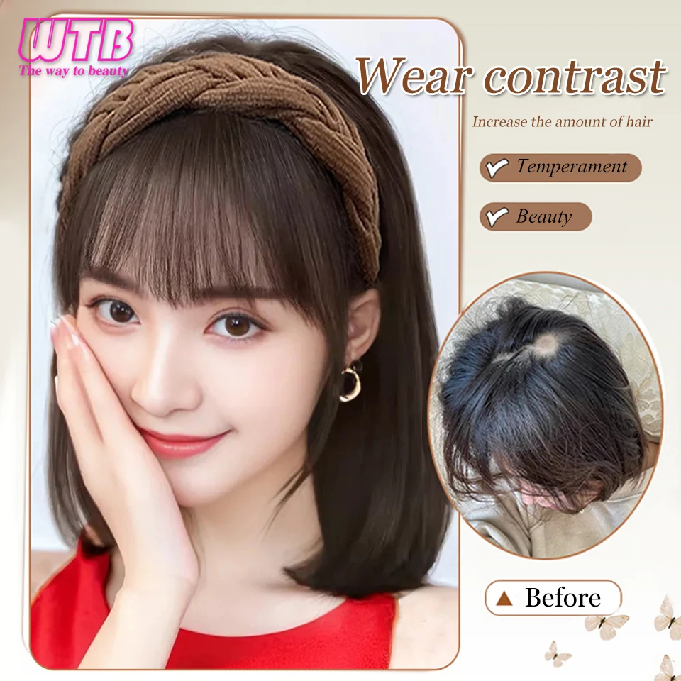 Synthetic Headband Wig Female One-piece Half Head Cover Top Hair Patch Natural Cover White Hair Patch Wig For Women Black Brown