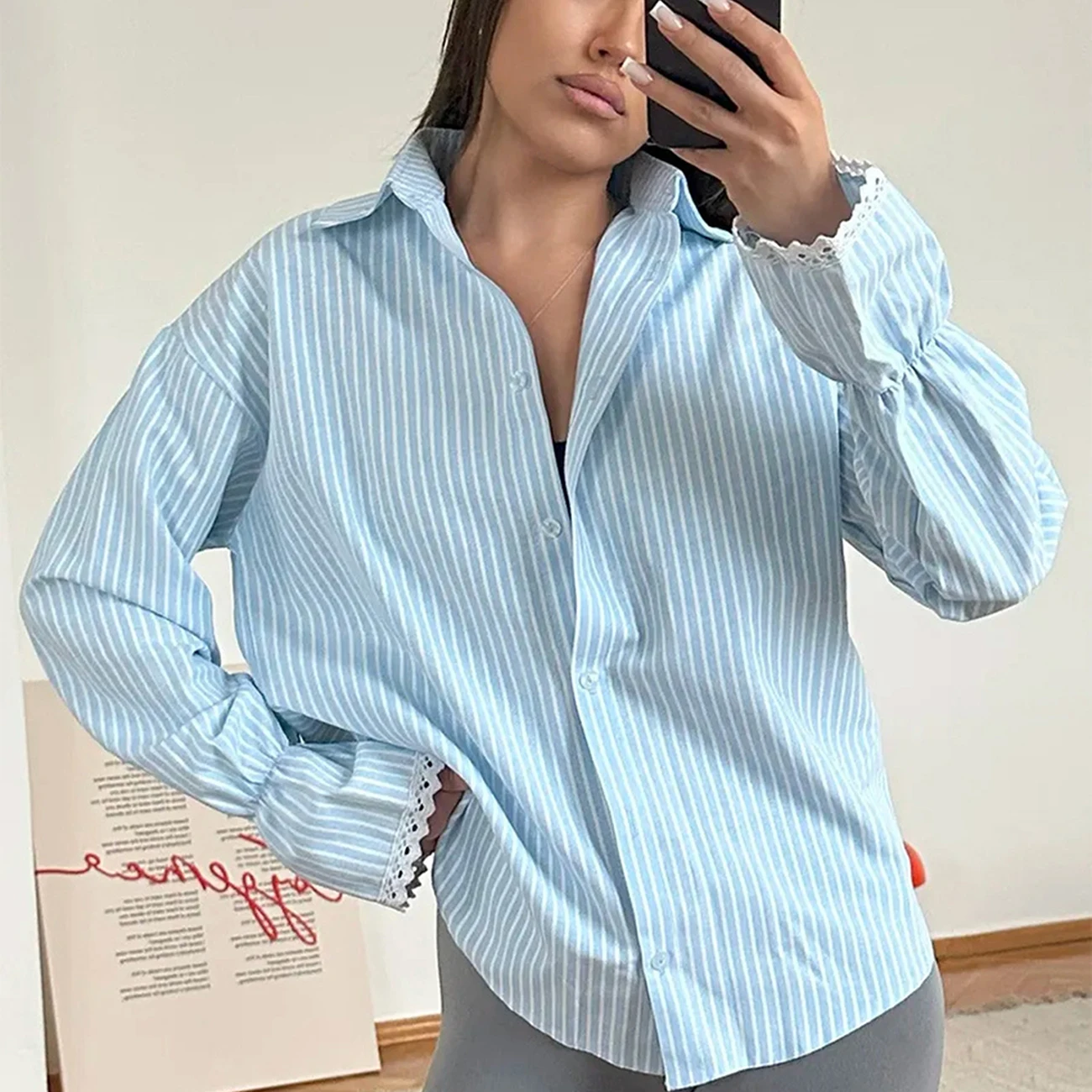 WXOY Women Striped Button Down Shirt Long Lace Sleeve Collared Casual Loose Fit Work Stripe Blouse Tops with Pocket