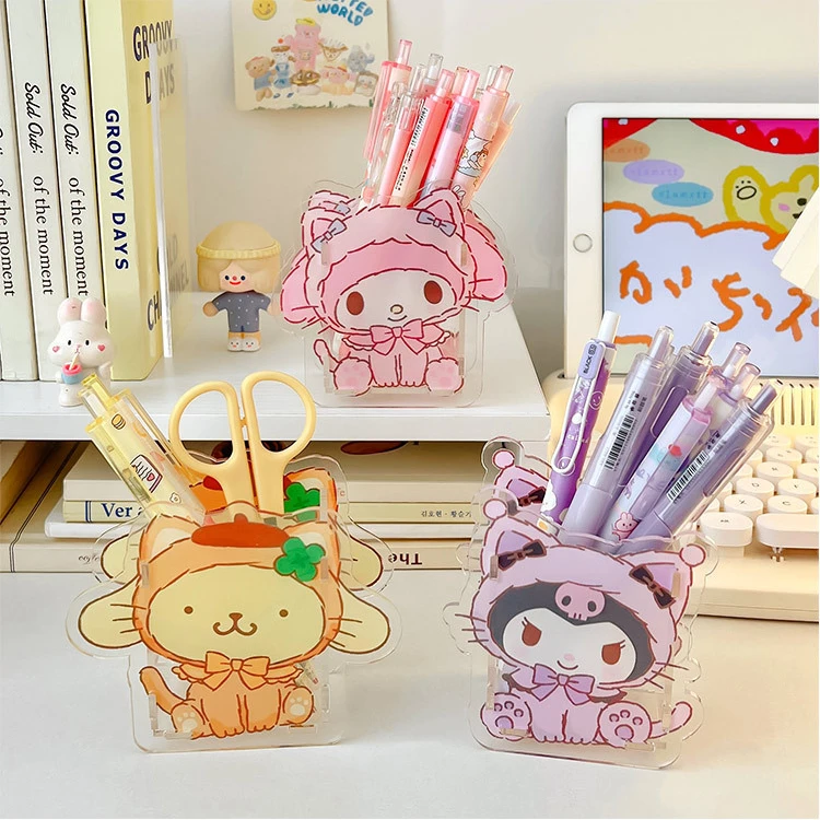 Acrylic Pen Holder Melody Cinnamoroll Kuromi Multifunctional Children's Desktop Large Capacity Stationery Storage Box Organizer