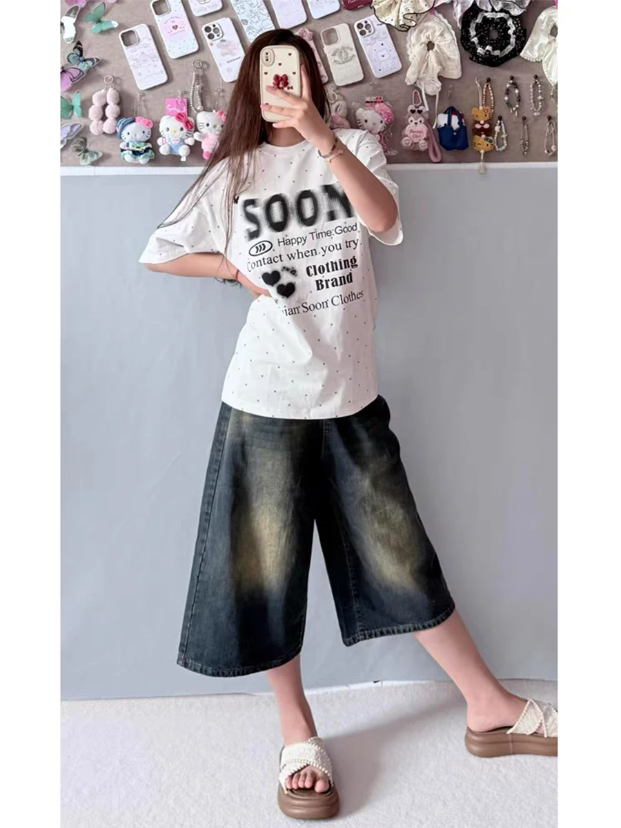 

Плюс размер Seven Inch Denim orts Женские летние американские свободные брюки с высокой талией и прямыми штанинами, широкие брюки средней длины