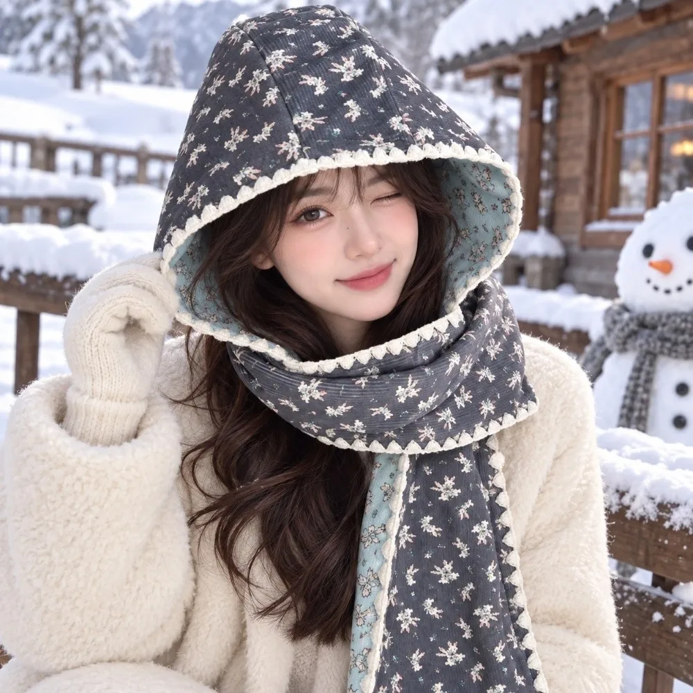 Versatile Double-Sided Winter Scarf Hat Thick Floral Print Hooded Earmuffs Scarf Convertible Warm Two-In-One Hat Scarf Outdoor