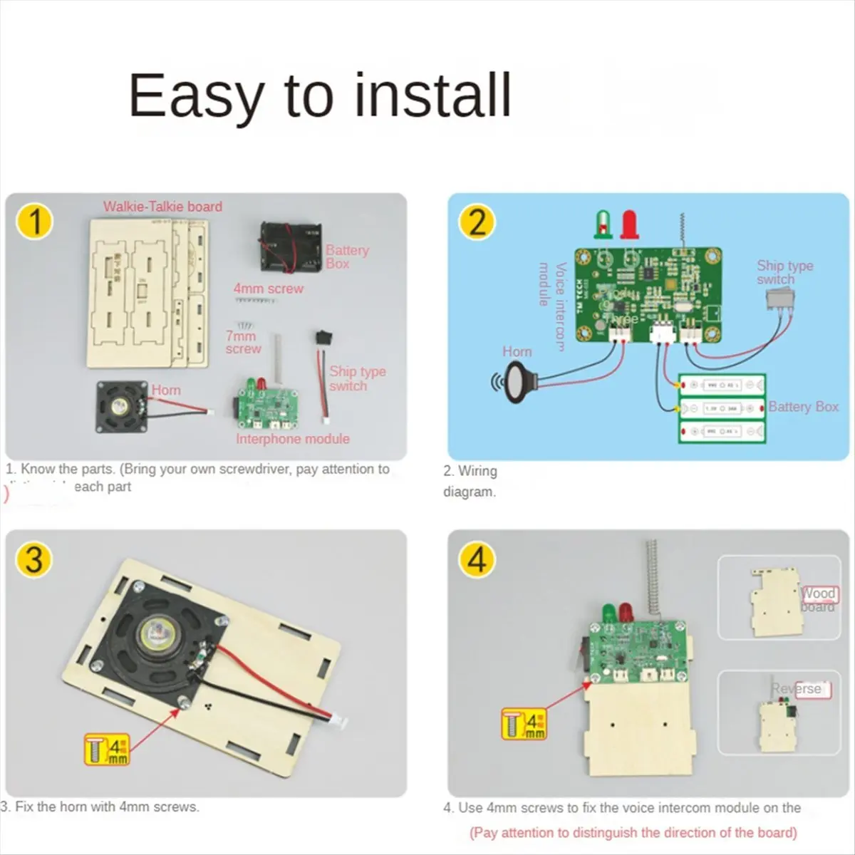 SWXF 2Pcs Walkie Talkie Set DIY Kayu Jangkauan Jauh Elektronik Belajar Aksesoris DIY Radio Genggam Interkom