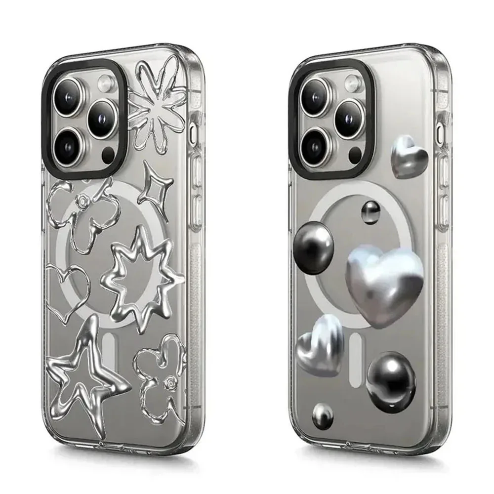 

Silver Stars Hearts Transparent Border Magnetic iPhone 13 14 15 16 Pro Max Protective Case