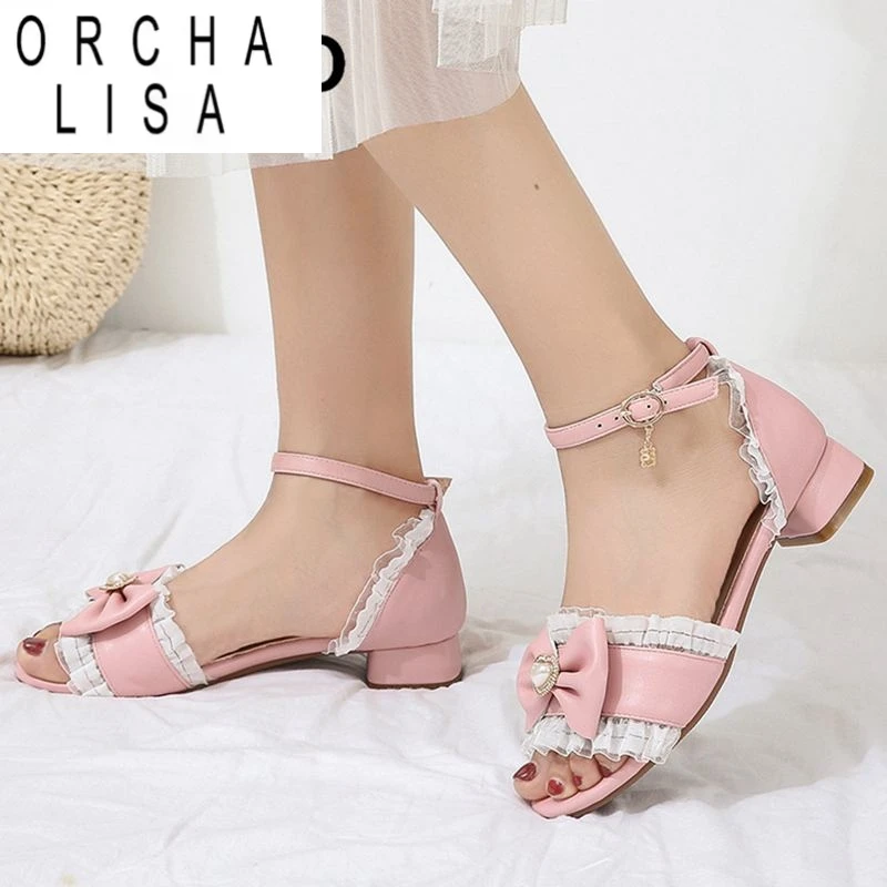 

ORCHA LISA Lolita Style Sweet Girls Sandals Open Toe Block Heels 3cm Buckle Strap Bowknot Plus Size 41 42 43 Daily Shoes Spring