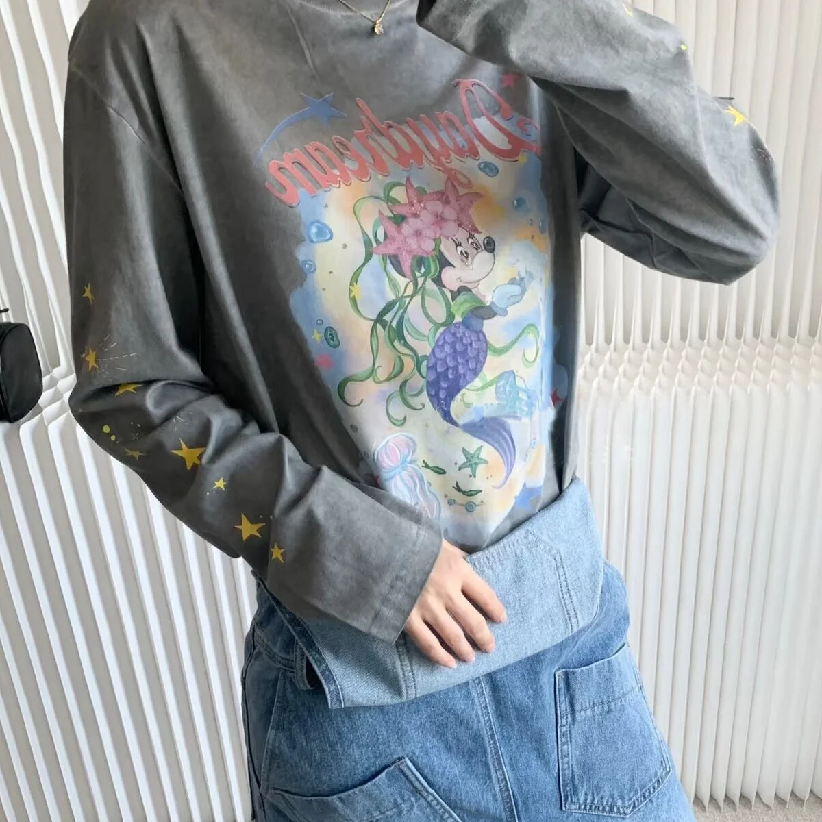 

Ретро-винтажная футболка с длинным рукавом, коллаборативный дизайн, выцветший принт, уличный арт, женская свободная хлопковая повседневная кофта