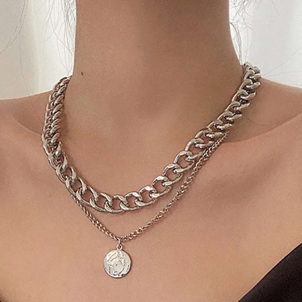 Fashionable Trendy Portrait Coins Thick Chain Necklace Double Layer Personalized Hip Hop Neck Chain Collarbone Chain For Women