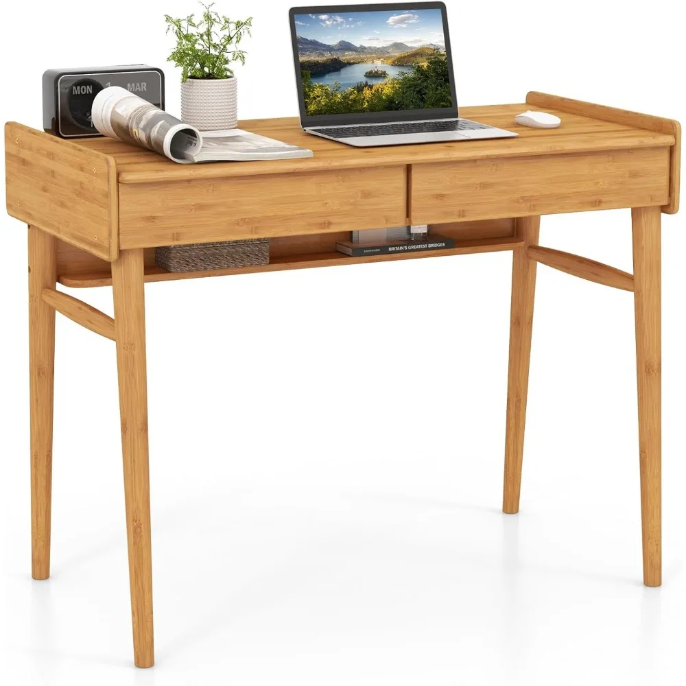 

Bamboo Computer Desk, Home Office Desk with 2 Storage Drawers, Open Shelf, Cable Management Groove, Mid Century Writing