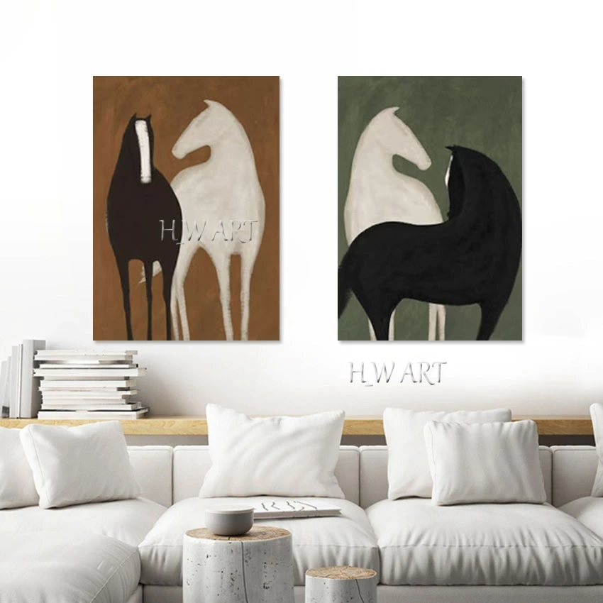 Horse Decor Painting, Acrylic Art Wall, Frameless, Black And White Textured Animal Picture, 2PCS Abstract Simple Canvas Artwork