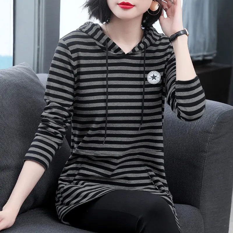 2023 Spring Autumn Striped Printing Pullover Hoodies Women\'s Fashion Drawstring Patchwork Pockets Long Sleeve Midi Sweatshirts