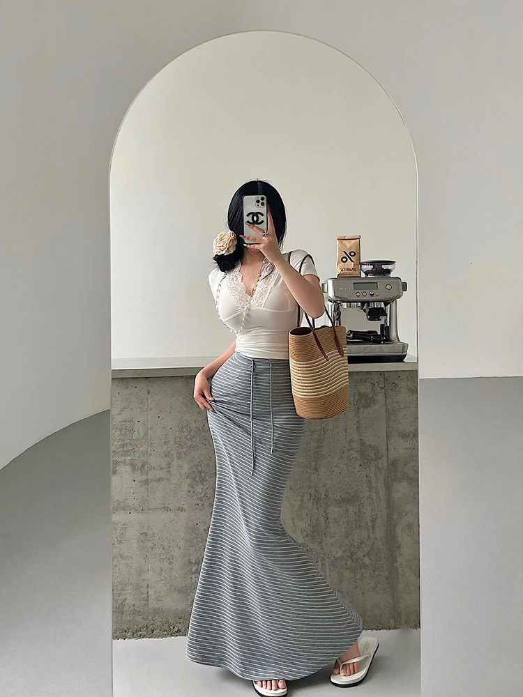 Korean Style High Waist Drawstring Elastic Striped Fish Tail Long Skirt Women's Fashion Spring Summer Autumn High Waist Skirt