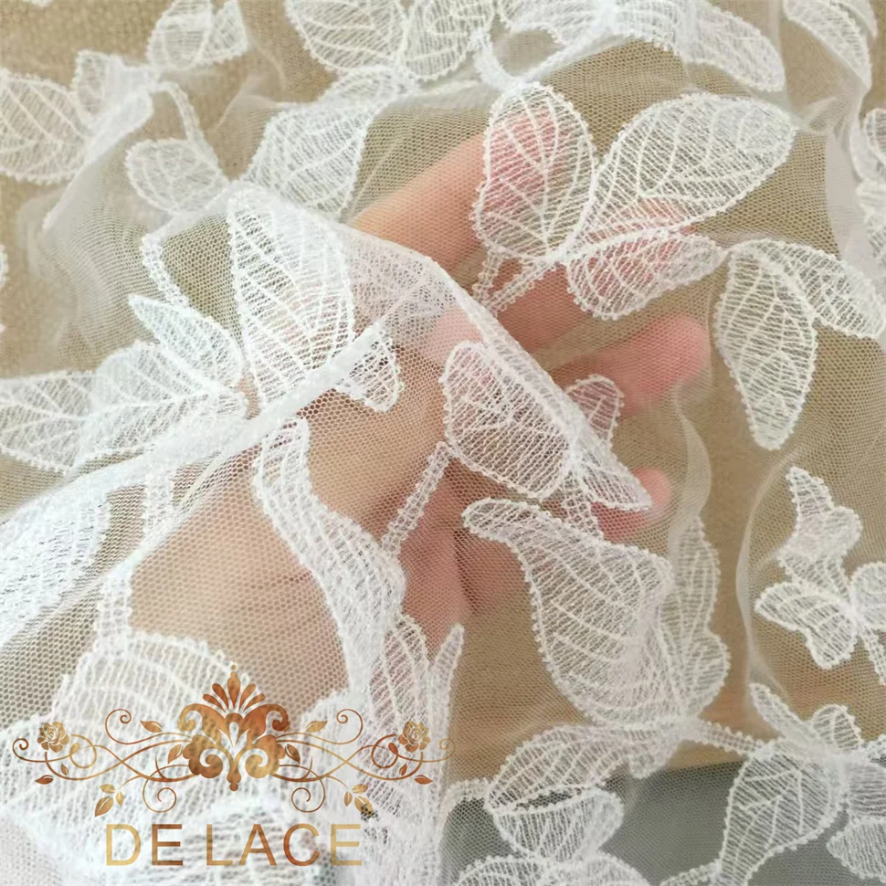 SXGN Vintage Ivory & Black Leaves Pattern Lace French Embroidered Lace Fabric for Wedding Dresses
