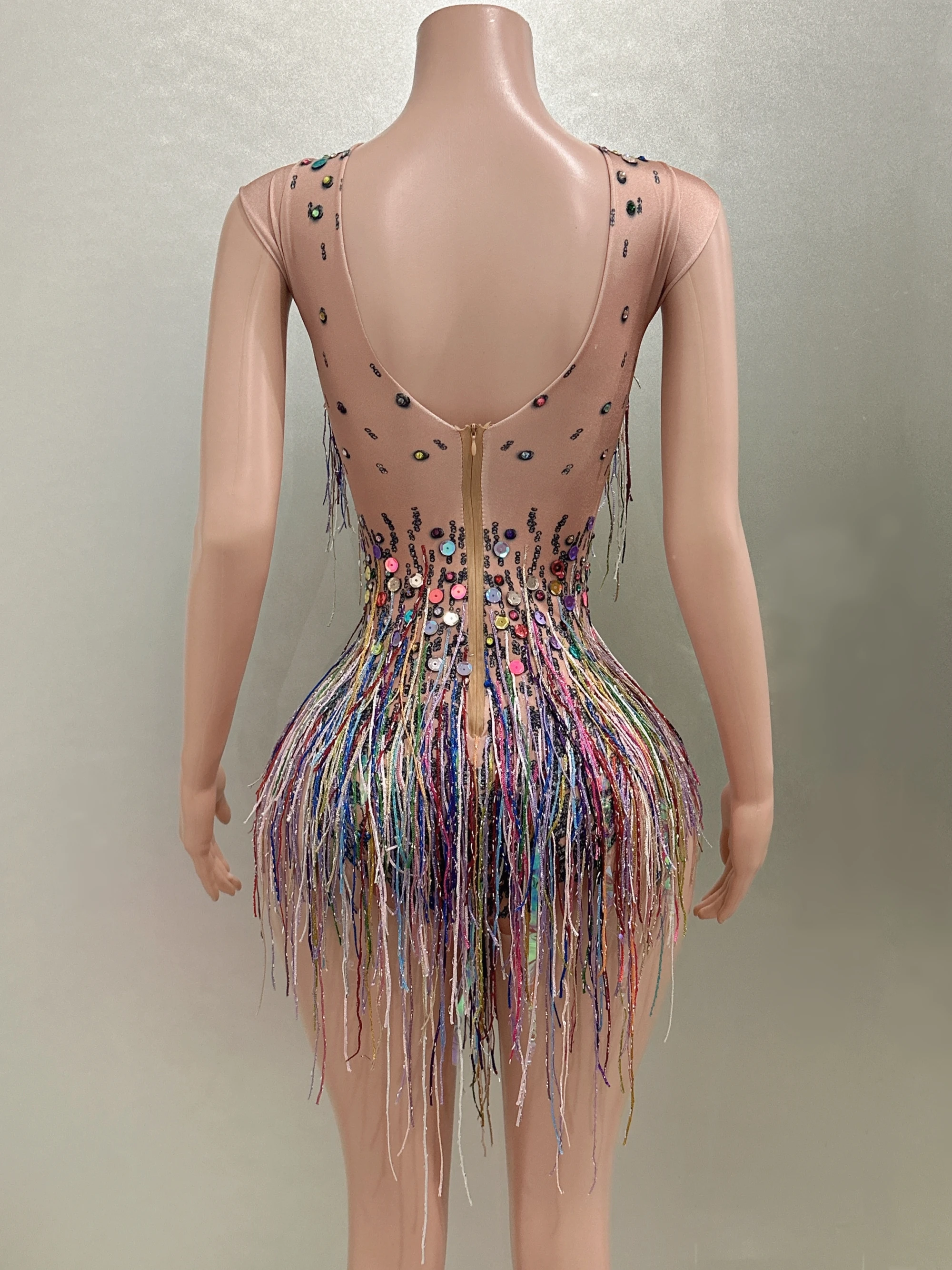 Colorful Tassels Sequins Sexy Sleeveless Sheath Bodysuit Evening Party Nightclub Dancer Perfprmance Costume Stage Wear