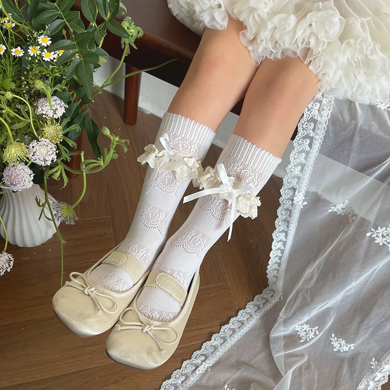 Summer Girls Lolita Mid Calf Socks Lace Ruffle Bow Knot Hollow Out Socks Breathable JK Socks for Mary Jane Shoes