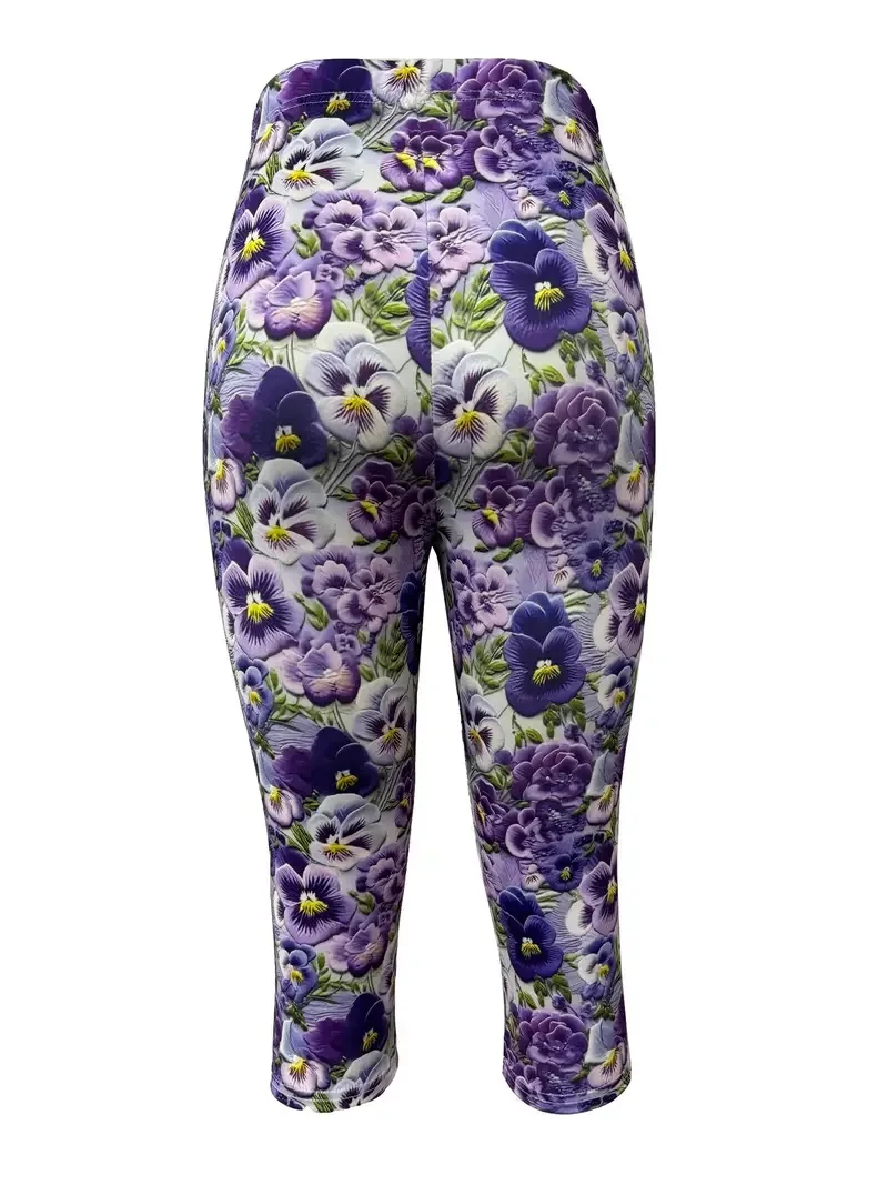 Beach holiday flower print slim-fit elastic elastic waist tight casual capri leggings for women