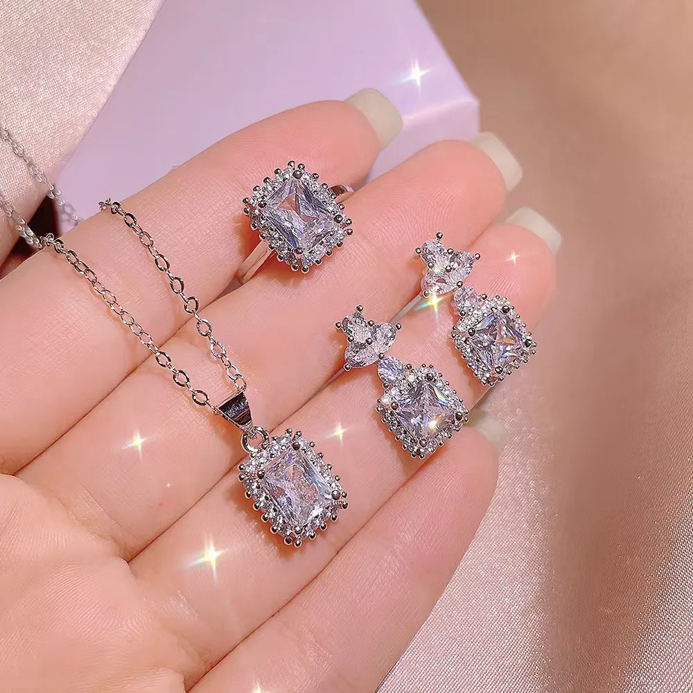 925 Silver New Style Exquisite Bright Fashion Micro-Inlaid Aaaaa Zircon Square Jewelry Set Women's Earrings Ring Necklace