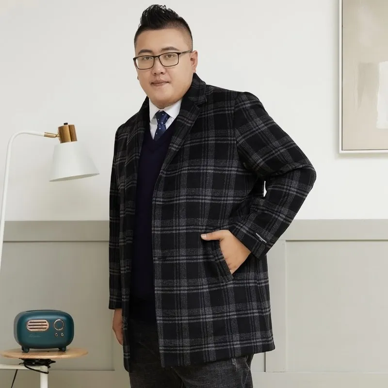 Autumn Winter plus Size Men's Woolen Coat Loose Fit Medium Length Business Casual Style Single Button Plaid Design Trench Coat