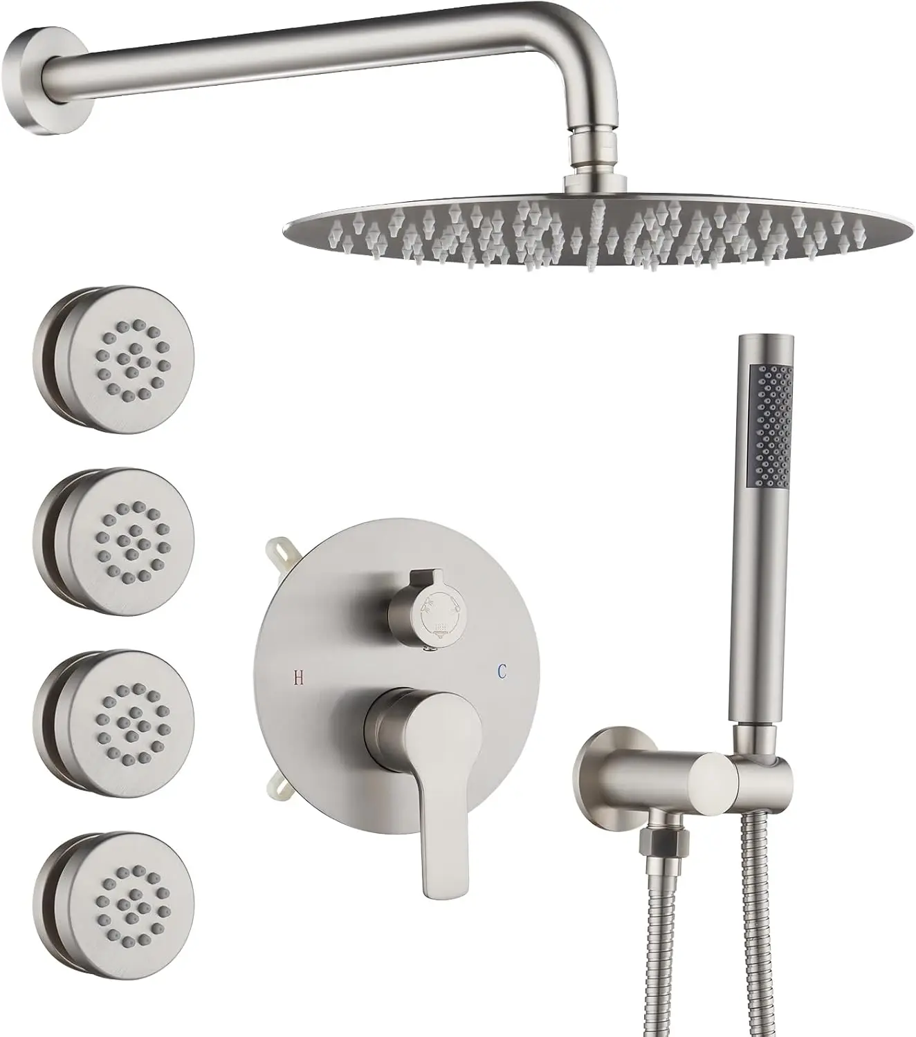 

Brushed Nickel Round Rain Shower System with 4 PCS Body Jets 3 Function Shower Faucet Set Contain 12 Inch Shower Head