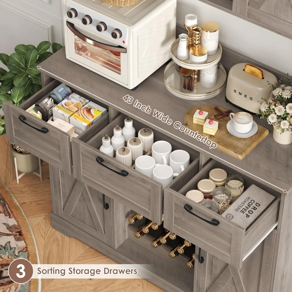 Farmhouse Style Kitchen Pantry Hutch with Storage, Coffee Bar, Wine Rack, and Microwave Stand, Tall Storage Cabinet