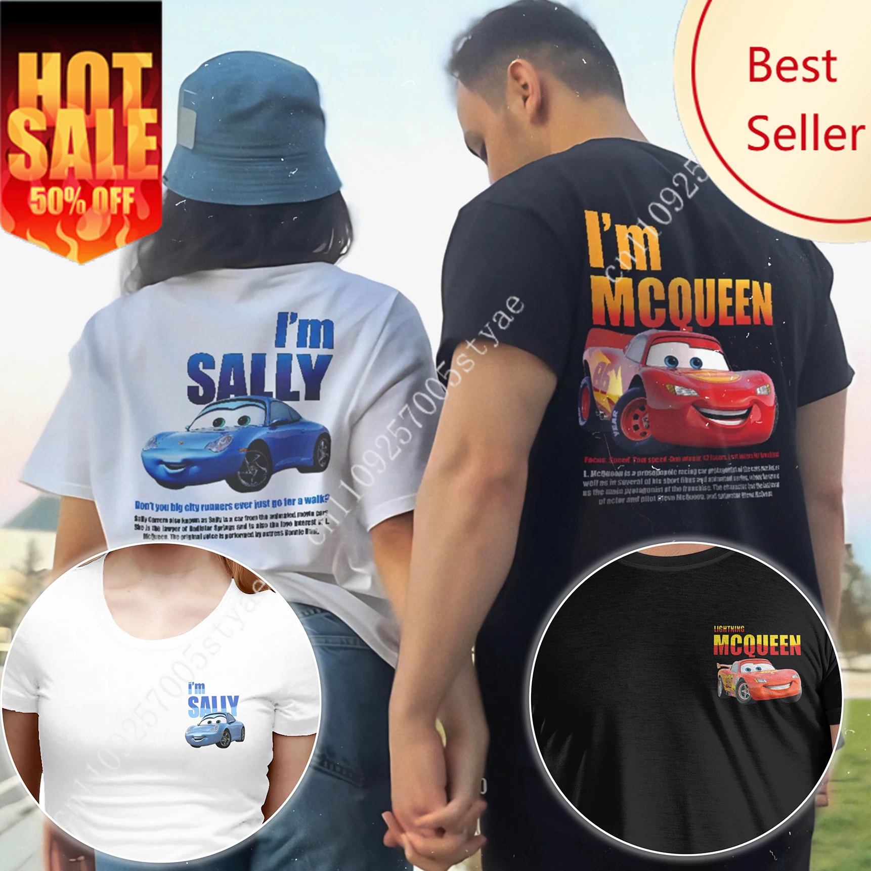

Lightning Mcqueen and Sally T Shirt For Couples Mcqueen Sally T-shirts Double-sided Print Tee For Men Women