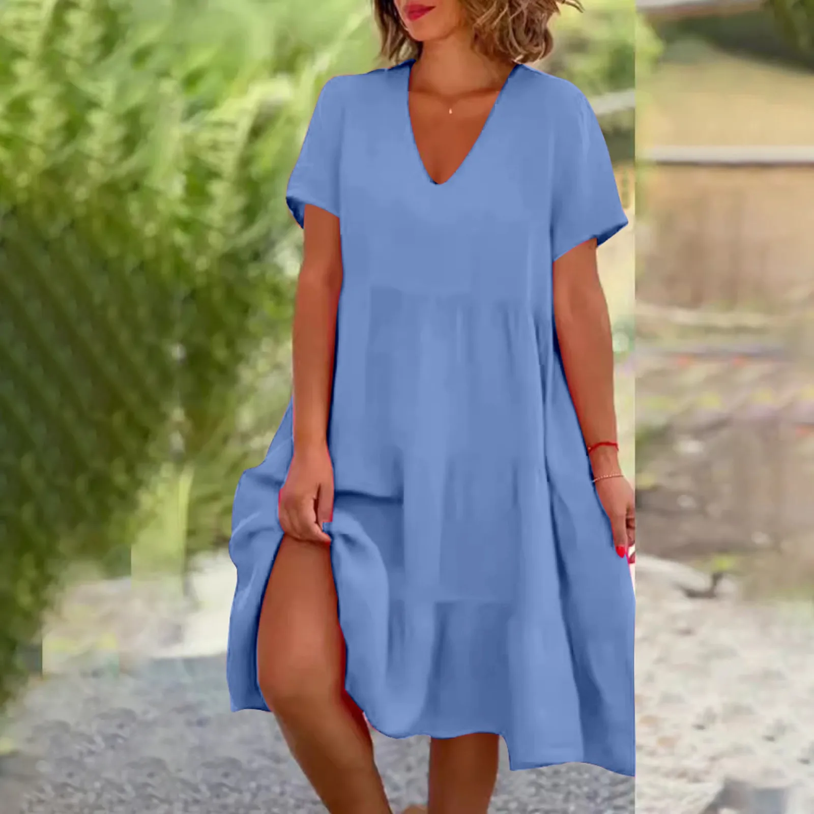 

Women's Casual Loose Fit Mid Dress Summer Short Sleeve Solid Color Commuting Dress Female Pleated V-Neck Knee Length Skirt