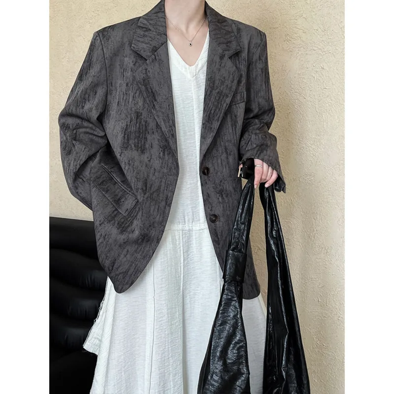 Autumn Vintage Suit Jacket Women Notched Collar Loose Single Breasted Silhouette Suit Coat