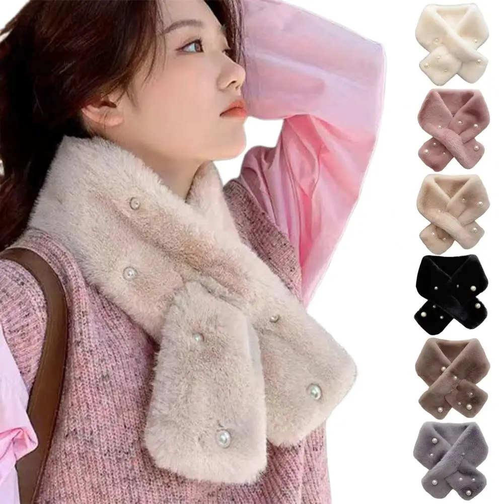 Thickened Scarf Warm Scarf with Faux Pearls Elegant Women's Plush Scarf with Imitation Pearls for Winter for Neckwear