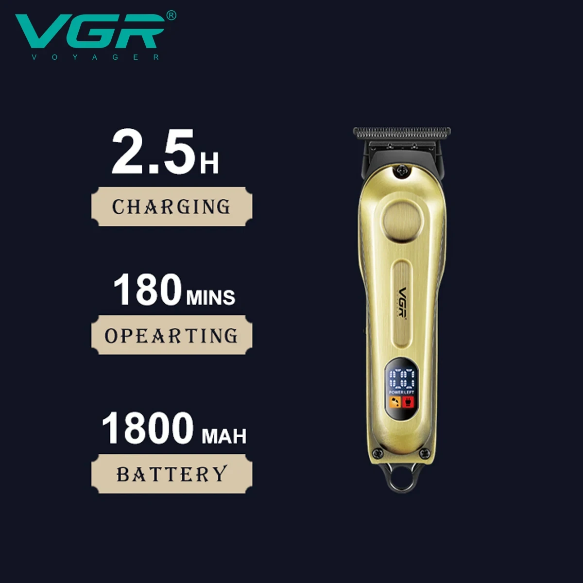 Maszynka do włosów elektryczna VGR V-294 Retro Metalowa z ostrą głowicą w kształcie litery T, męska, do modelowania włosów, z wyświetlaczem LED i funkcją wodnego chłodzenia.