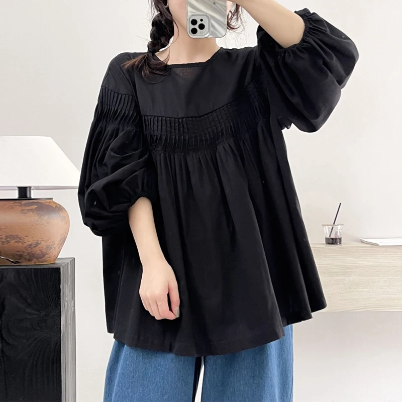 Johnature Autumn New Women Clothing Casual Tops 2024 New Vintage Cotton Linen Loose Pleated Loose Shirts