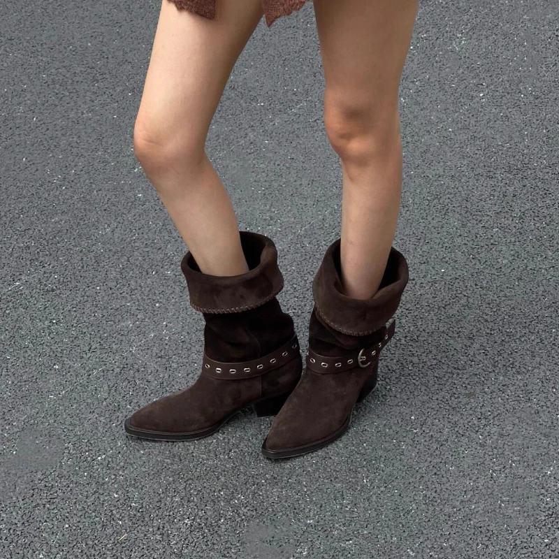 

2025 г., хит продаж, длинные рыцарские сапоги-трубы, сапоги в стиле вестерн из воловьей кожи, женские утягивающие универсальные ботинки на каблуке с острым носком