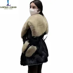 Long White Duck Down Jacket for Women, Big Fur Collar, Casual Coat, Thick Parkas, Female Clothing, Korean , Winter, New, 90%