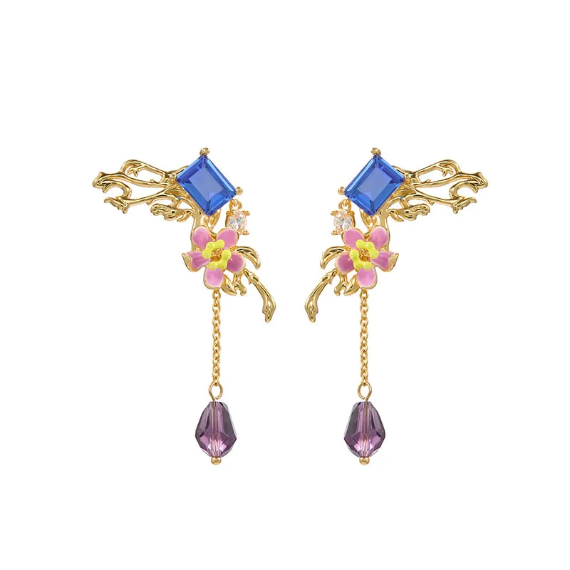 

New Chinese Style Antique Butterfly Rose Flower Tassel Earrings for Women Sapphire Hand-painted Enamel Fashion Versatile Jewelry