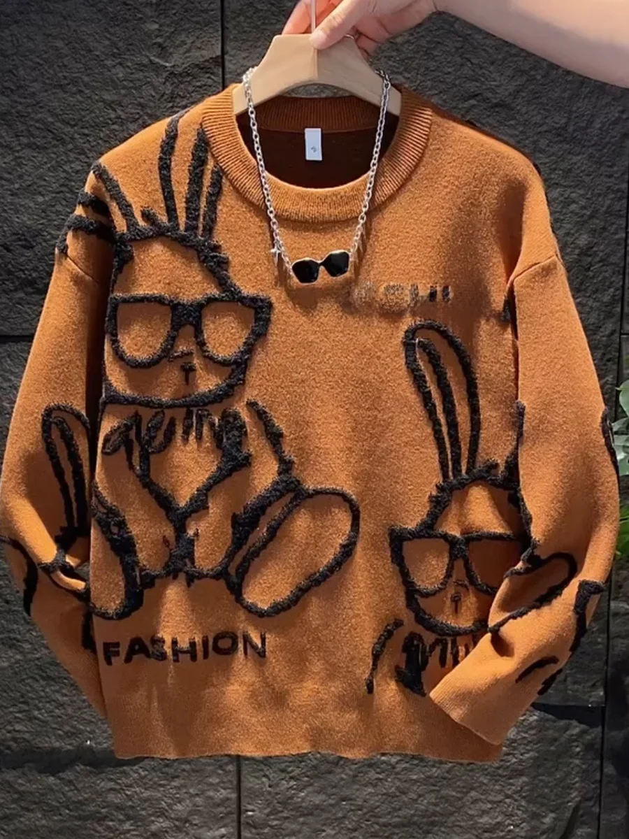 

Men's Loose Fit Long Sve round Ne Knitted Sweater Faionable Autumn Winter New Sle Cartoon Rabbit Design Versatile Top