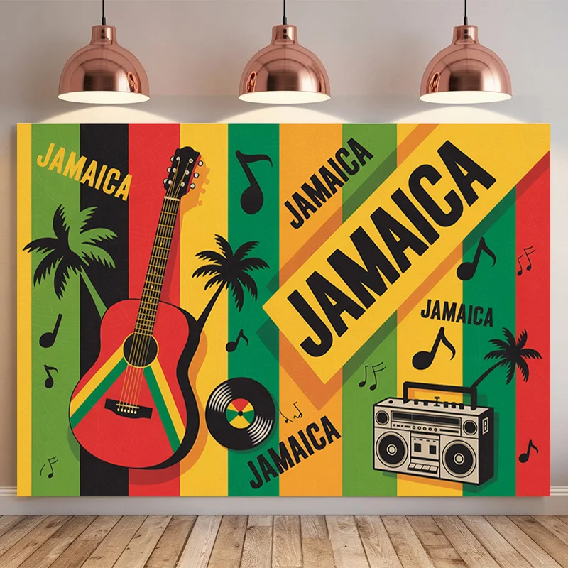 Wall Tapestry Jamaica Reggae Music Print Hanging Cloth Tropical Caribbean Party Background Cloth GuitarPalm TreeThemed HomeDecor